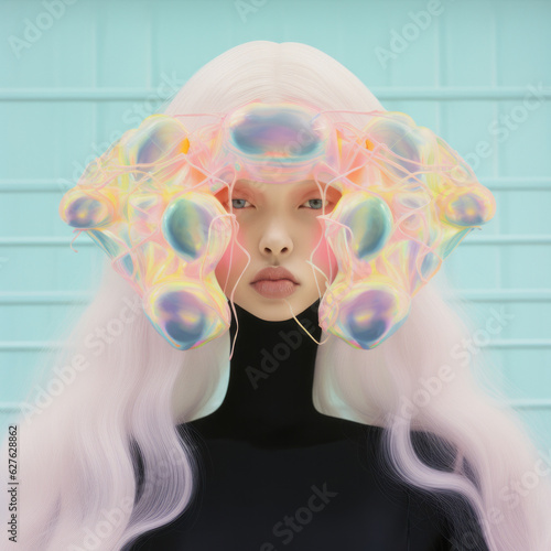 A beautiful woman with long white and pink hair stands before a surreal, glowing, neon holographic interface, creating an abstract yet captivating portrait of a futuristic psychedelic dream