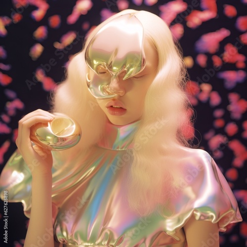 A surreal portrait of a beautiful woman in a glowing, neon dress holding a futuristic holographic object, creating an abstract, psychedelic atmosphere