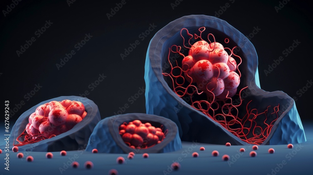 Fototapeta premium 3D illustration mockup of the human organ systems, circulatory, digestive, red and white bloodcells wtih blurred backgroun. Medical education concept, Generative AI illustration