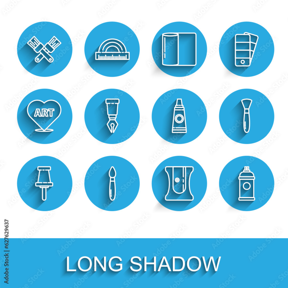Set line Push pin, Paint brush, Crossed paint, Pencil sharpener, spray can, Fountain nib, and Tube with palette icon. Vector Set line Push pin, Paint brush, Crossed paint, Pencil sharpener, spray can, Fountain nib, and Tube with palette icon. Vector