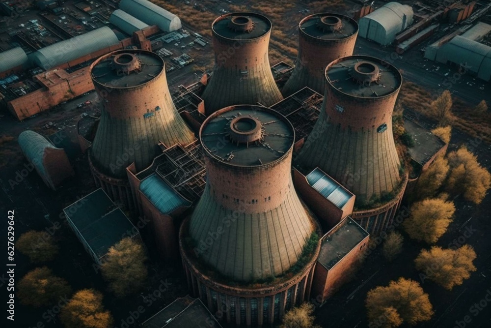 Bird's eye view of city factory cooling towers. Generative AI