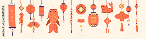 Asian decorations, hanging paper ornaments set. Red holiday lanterns, festive pendant lamps, Chinese scrolls. Traditional oriental decor with strings, tassels. Isolated flat vector illustrations