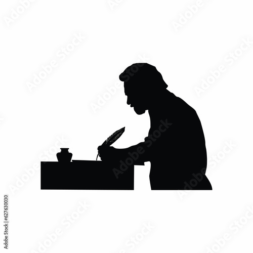Vintage Silhouette of a bearded man writing with feather at table