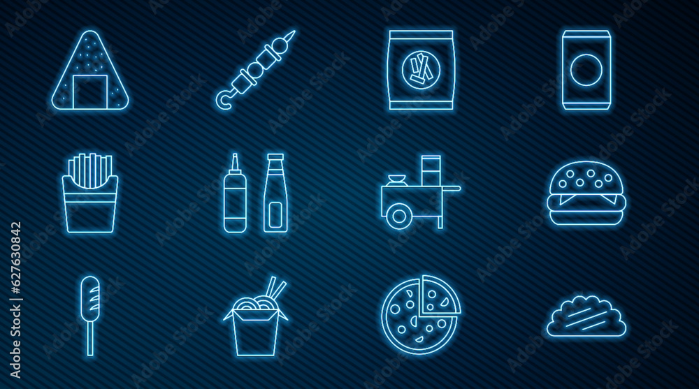 Set line Taco with tortilla, Burger, Hard bread chucks crackers, Sauce bottle, Potatoes french fries in box, Onigiri, Fast street food cart and Grilled shish kebab icon. Vector Set line Taco with tortilla, Burger, Hard bread chucks crackers, Sauce bottle, Potatoes french fries in box, Onigiri, Fast street food cart and Grilled shish kebab icon. Vector