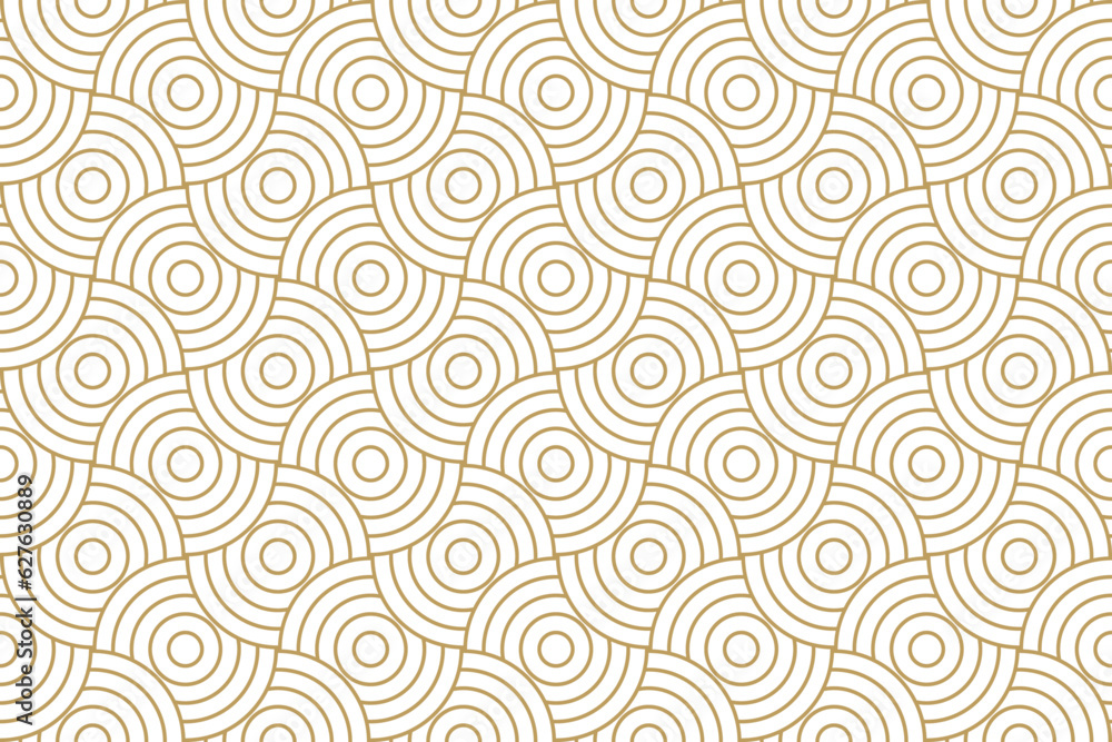 Seamless pattern with  abstract overlap circular wave in gold and beige color, japanese geometric repeat background with stripe line vector.