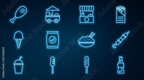 Set line Bottle of water, Grilled shish kebab, Street stall with awning, Bag or packet potato chips, Ice cream waffle cone, Chicken leg, Rice bowl chopstick and Fast street food cart icon. Vector