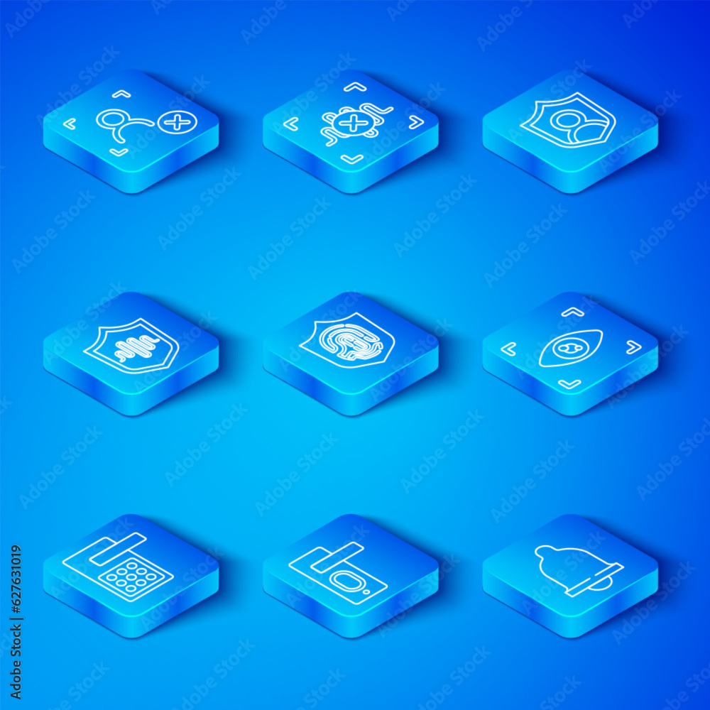 Set line Digital door lock, Fingerprint in shield, Eye scan, User protection, Shield voice recognition, Rejection face and Motion sensor icon. Vector Set line Digital door lock, Fingerprint in shield, Eye scan, User protection, Shield voice recognition, Rejection face and Motion sensor icon. Vector