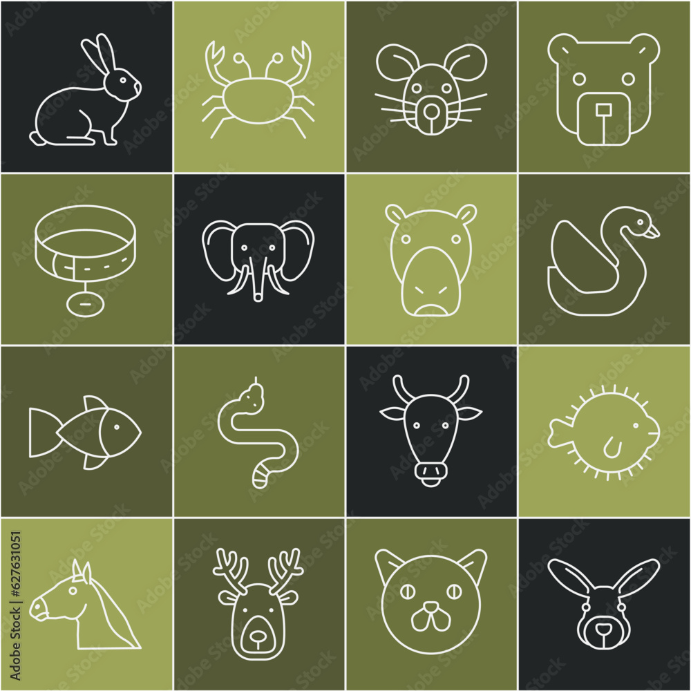 Set line Rabbit head, Puffer fish, Swan bird, Rat, Elephant, Collar with name tag, and Hippo or Hippopotamus icon. Vector Set line Rabbit head, Puffer fish, Swan bird, Rat, Elephant, Collar with name tag, and Hippo or Hippopotamus icon. Vector
