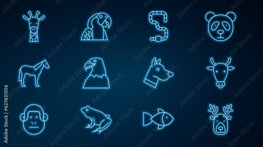 Set line Deer head with antlers, Cow, Worm, Eagle, Horse, Giraffe, Dog and Macaw parrot icon. Vector Set line Deer head with antlers, Cow, Worm, Eagle, Horse, Giraffe, Dog and Macaw parrot icon. Vector