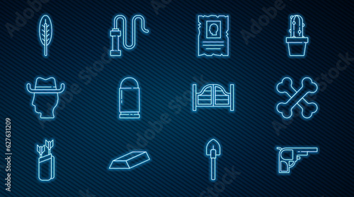 Set line Revolver gun, Crossed human bones, Wanted western poster, Bullet, Cowboy, Indian feather, Saloon door and Leather whip icon. Vector