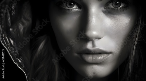 portrait of beautiful woman face black and white.