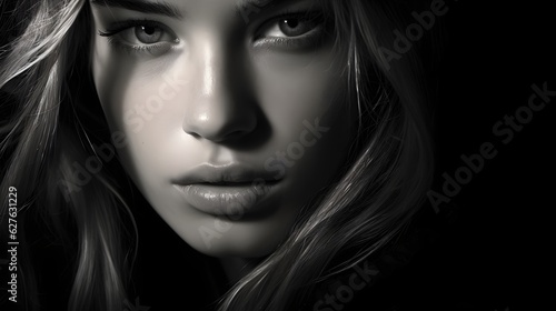 portrait of beautiful woman face black and white.