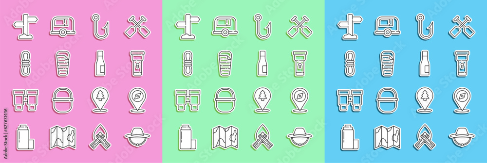 Set line Camping hat, Compass, Flashlight, Fishing hook, Sleeping bag, Climber rope, Road traffic signpost and Bottle of water icon. Vector Set line Camping hat, Compass, Flashlight, Fishing hook, Sleeping bag, Climber rope, Road traffic signpost and Bottle of water icon. Vector