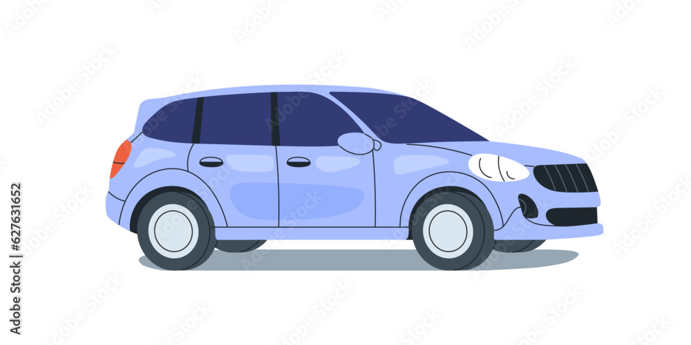 Fototapeta premium Passenger car. Hatchback auto. Automobile vehicle. Road wheeled automotive transport, body exterior, side view. Flat vector illustration isolated on white background