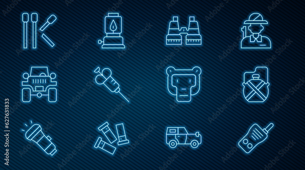 Set line Walkie talkie, Canteen water bottle, Binoculars, Syringe, Off road car, Matches, Monkey and Camping lantern icon. Vector Set line Walkie talkie, Canteen water bottle, Binoculars, Syringe, Off road car, Matches, Monkey and Camping lantern icon. Vector