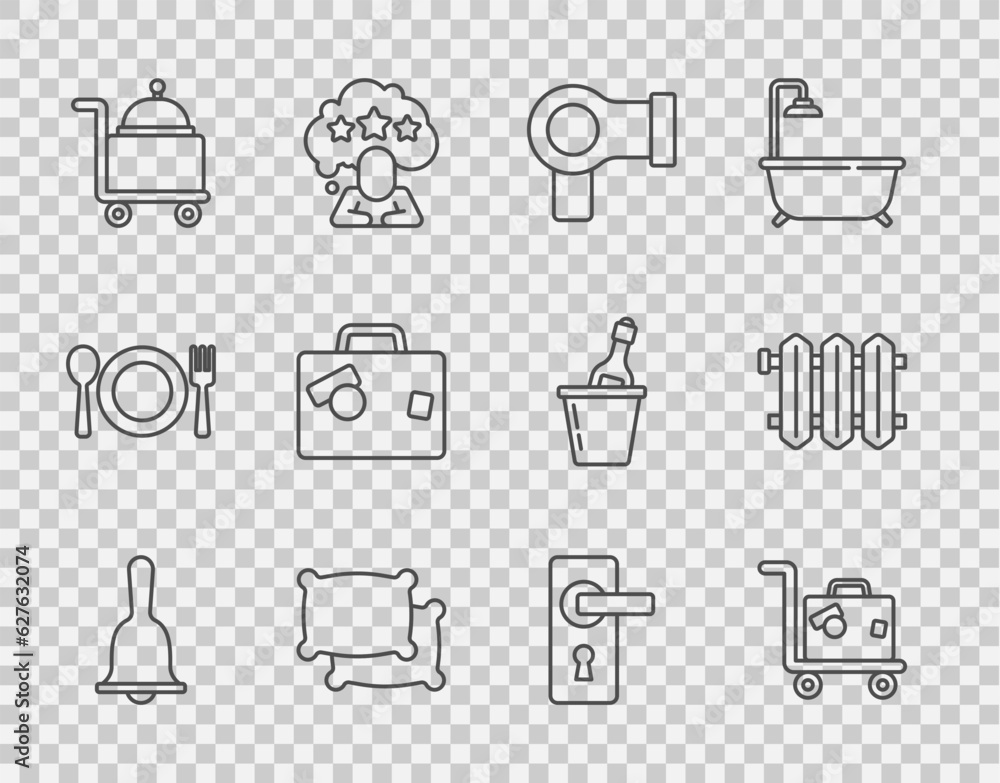 Set line Hotel service bell, Suitcase, Hair dryer, Pillow, Covered with tray, Door handle and Heating radiator icon. Vector Set line Hotel service bell, Suitcase, Hair dryer, Pillow, Covered with tray, Door handle and Heating radiator icon. Vector