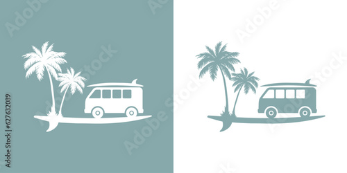 Logo vacaciones de verano. Club de surf. Silueta de tabla de surf con furgoneta de playa con dos palmeras © teracreonte