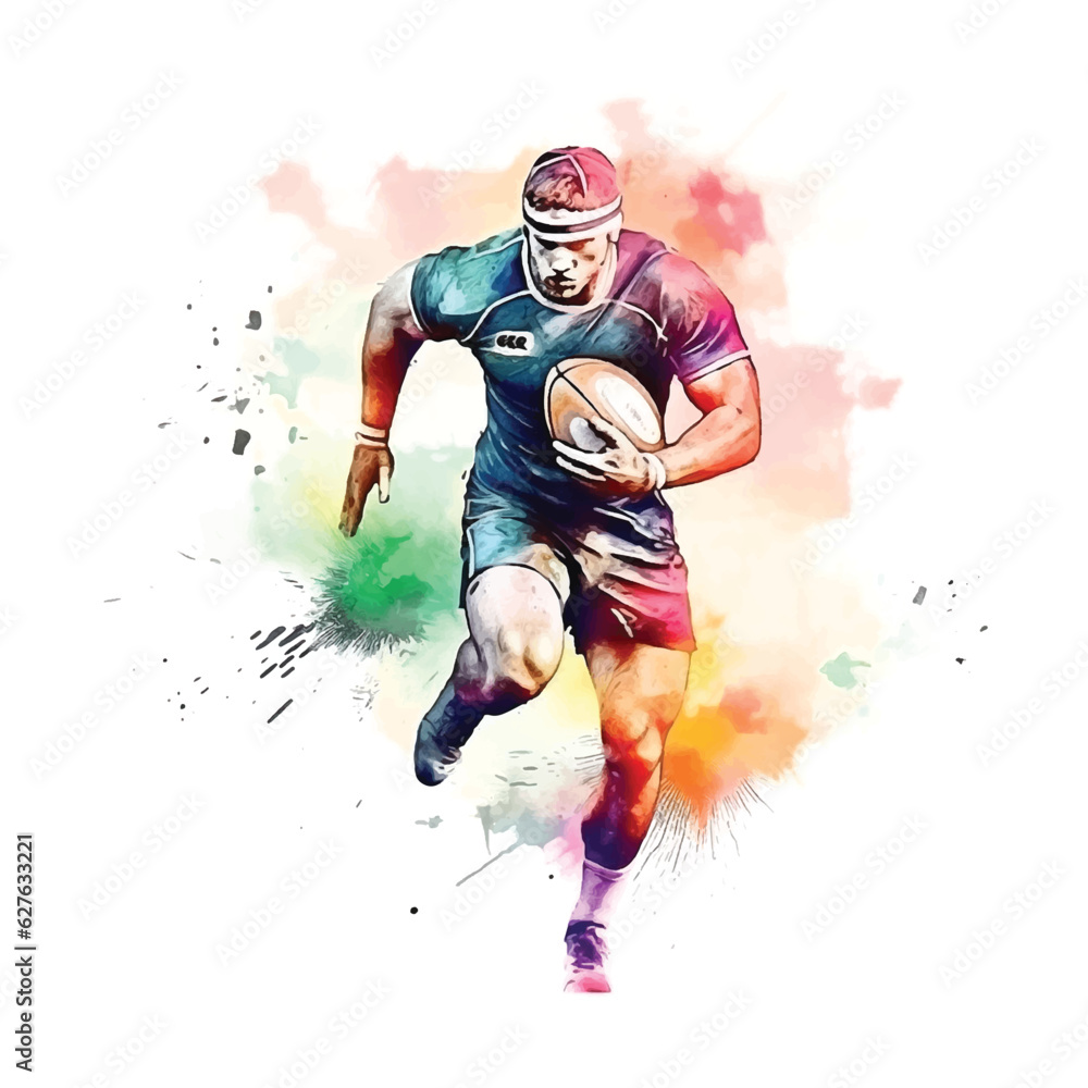 A man playing Rugby watercolor paint