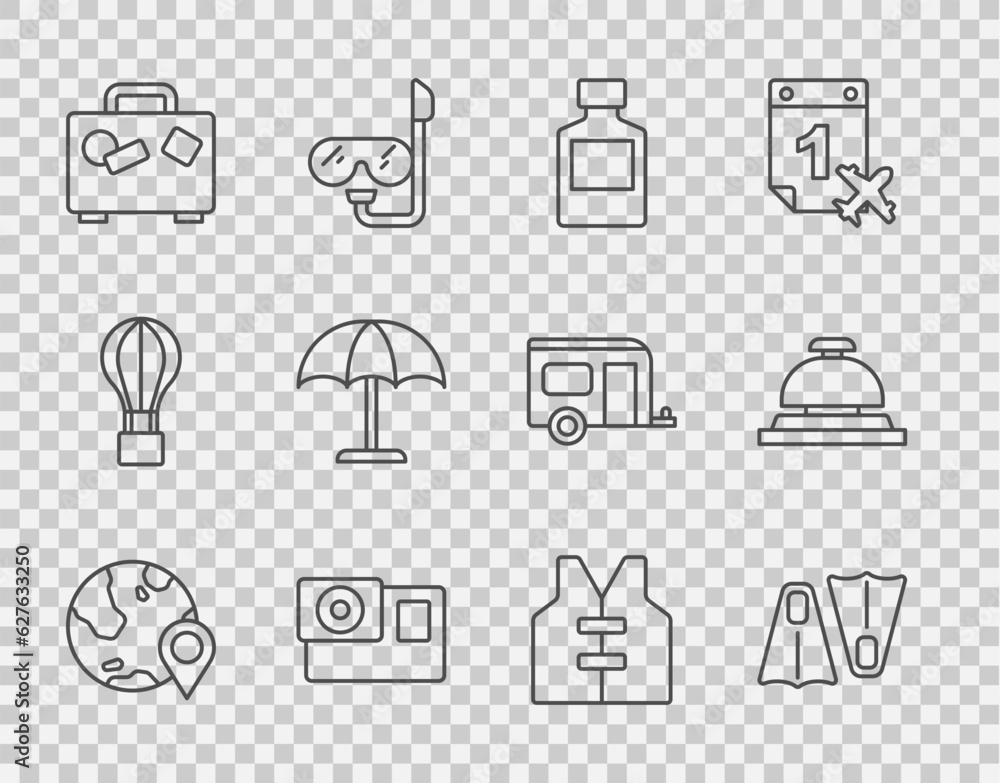 Set line Location on the globe, Rubber flippers for swimming, Whiskey bottle, Action camera, Suitcase, Sun protective umbrella, Life jacket and Hotel service bell icon. Vector Set line Location on the globe, Rubber flippers for swimming, Whiskey bottle, Action camera, Suitcase, Sun protective umbrella, Life jacket and Hotel service bell icon. Vector