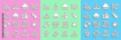 Set line Iceberg, Sun, Bottle of water, Cloud with rain, CO2 emissions cloud, Floating buoy the sea, Drought and Problem pollution ocean icon. Vector