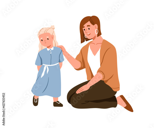 Mom comforting sad kid. Mother kneeling, supporting child. Woman parent talking, speaking to upset offended girl daughter in problem. Flat graphic vector illustration isolated on white background