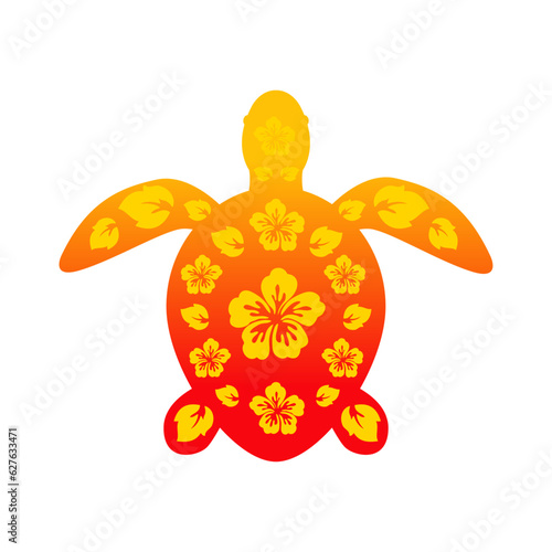 Logo vacaciones en Hawái. Silueta de flores de hibisco con hojas en tortuga marina	
