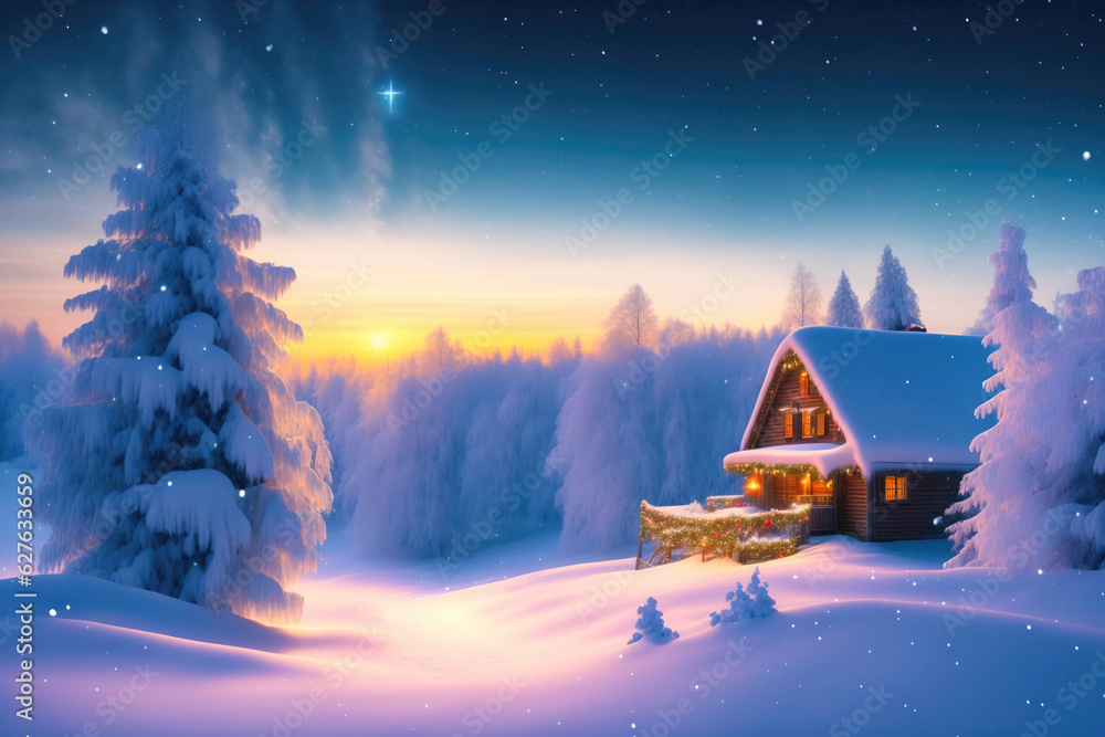Beautiful winter landscape with fir trees and a wooden house in a snowy forest in the evening at sunset. AI generated.