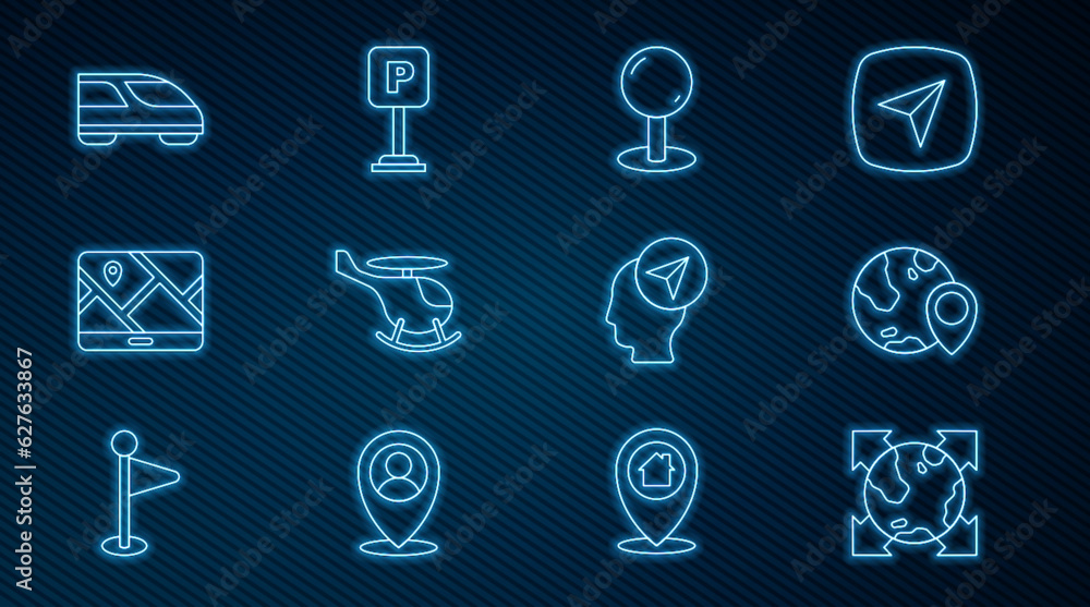 Set line World globe with compass, Location on the, Push pin, Helicopter, City map navigation, High-speed train, person and Parking icon. Vector Set line World globe with compass, Location on the, Push pin, Helicopter, City map navigation, High-speed train, person and Parking icon. Vector