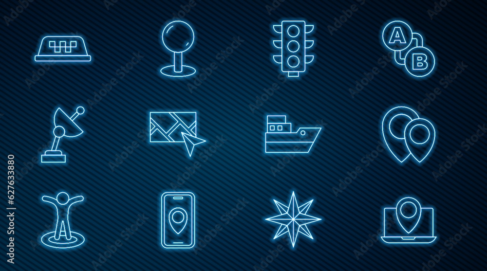 Set line Laptop with location marker, Location, Traffic light, City map navigation, Radar, Taxi car roof, Ship line path and Push pin icon. Vector Set line Laptop with location marker, Location, Traffic light, City map navigation, Radar, Taxi car roof, Ship line path and Push pin icon. Vector