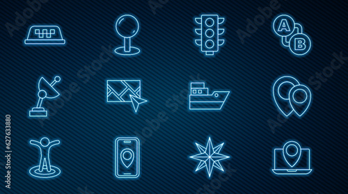 Set line Laptop with location marker, Location, Traffic light, City map navigation, Radar, Taxi car roof, Ship line path and Push pin icon. Vector