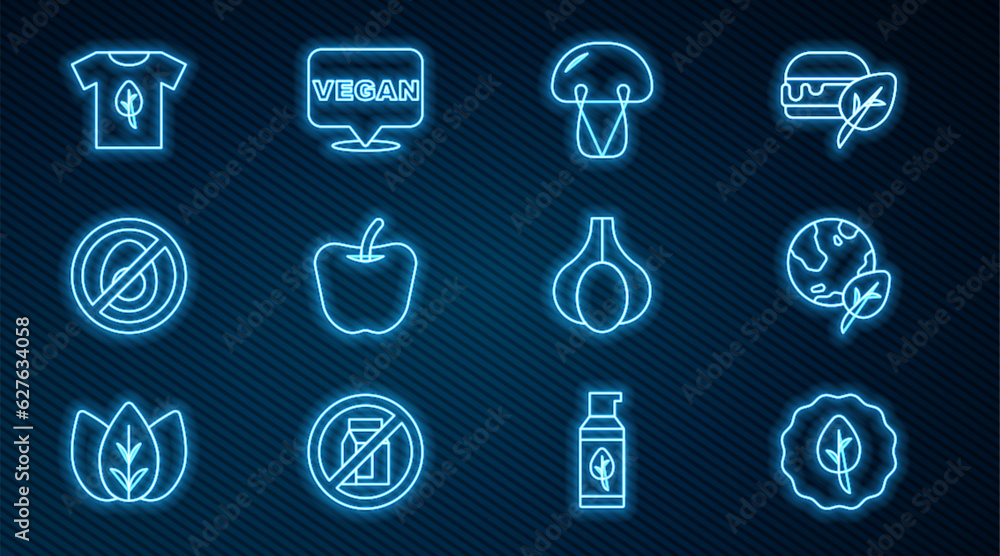 Set line Leaf or leaves, Earth globe and leaf, Mushroom, Apple, No meat, Vegan shirt, Garlic and food diet icon. Vector Set line Leaf or leaves, Earth globe and leaf, Mushroom, Apple, No meat, Vegan shirt, Garlic and food diet icon. Vector