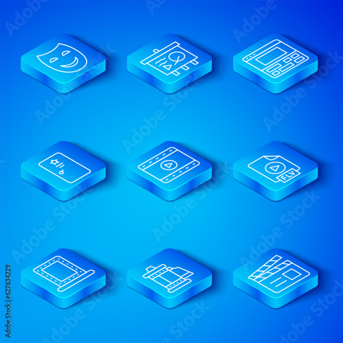 Set line Makeup mirror with lights, Play Video, Camera roll cartridge, FLV file document, recorder on laptop, Backstage, Comedy theatrical mask and Movie clapper icon. Vector