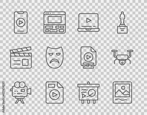 Set line Retro cinema camera, Photo frame, Online play video, AVI file document, Drama theatrical mask, Scenario on chalkboard and Drone flying icon. Vector