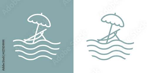 Logo vacaciones de verano. Silueta lineal de parasol abierto con silla de playa con olas de mar