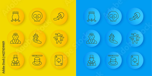 Set line Magician, Wizard warlock, Hand holding fire, Playing cards, Voodoo doll, Witch cauldron, Psilocybin mushroom and Skull icon. Vector