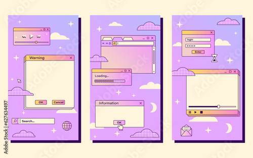 Vector retro y2k Ig gradient stories templates. Vintage frames for text. Retro backgrounds in y2k computer interface windows style. Social media set design.