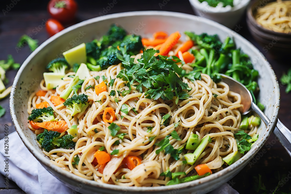 a bowl of noodles Served with vegetable