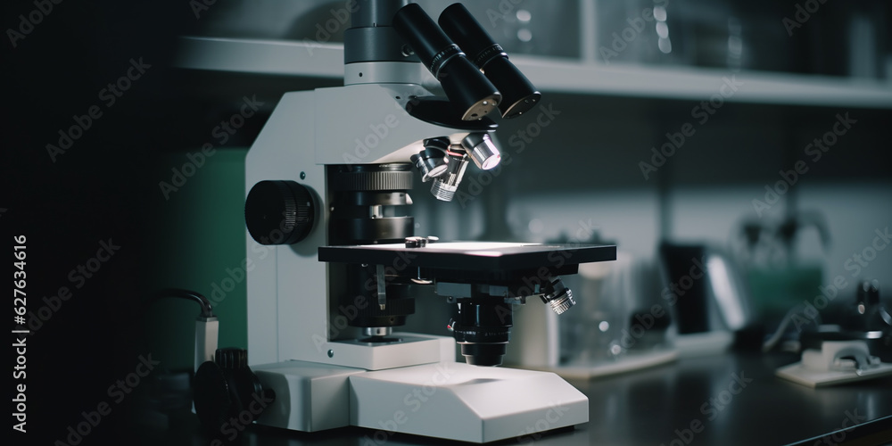 Generative AI, a modern high-tech microscope stands on a table in a laboratory for the study of microorganisms and analysis, science, chemistry, biology, physics Generative AI, a modern high-tech microscope stands on a table in a laboratory for the study of microorganisms and analysis, science, chemistry, biology, physics