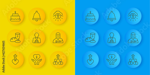 Set line Religious cross in heart, Goblet and bread, Hands praying position, Priest, Knight crusader, Ark of noah, circle and Church bell icon. Vector