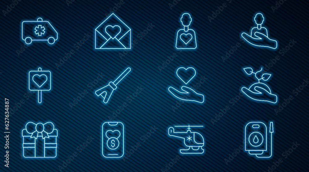Set line Blood donation, Volunteer team planting trees, Mop, Location with heart, Emergency car, Heart hand and Envelope Valentine icon. Vector Set line Blood donation, Volunteer team planting trees, Mop, Location with heart, Emergency car, Heart hand and Envelope Valentine icon. Vector