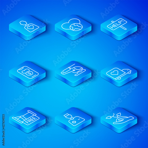 Set line Free overnight stay house, Rescue helicopter, Male doctor, Delivery truck with heart, Help sign, Donation and charity, Volunteer and team planting trees icon. Vector