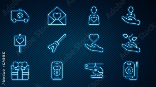 Set line Blood donation, Volunteer team planting trees, Mop, Location with heart, Emergency car, Heart hand and Envelope Valentine icon. Vector © Vadim