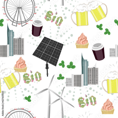 Seamless pattern with ferris wheel, glasses of beer, Symbols of happiness - clover, skyscrapers, solar panels, windmills, goodies. Vector graphics for textile, paper or background