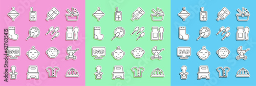 Set line Baby hat, stroller, Yogurt in bottle with spoon, Sperm, socks, Whirligig toy and icon. Vector