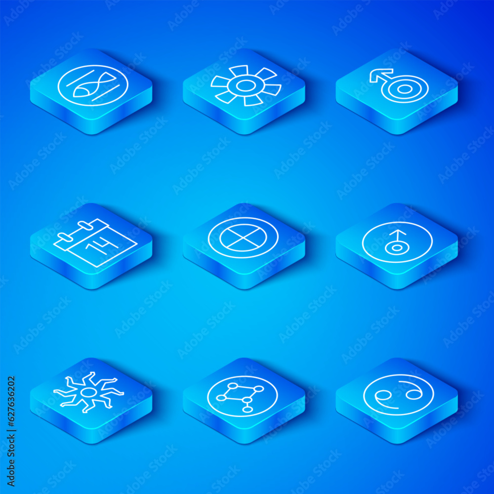 Set line Sun, Earth globe, Great Bear constellation, Mars symbol, Symbol Uranus, Calendar, Pisces zodiac and Cancer icon. Vector Set line Sun, Earth globe, Great Bear constellation, Mars symbol, Symbol Uranus, Calendar, Pisces zodiac and Cancer icon. Vector