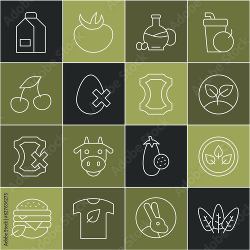 Set line Leaf, Vegan food diet, Sprout, Bottle of olive oil, No egg, Fresh berries, Paper package for milk and Leather icon. Vector