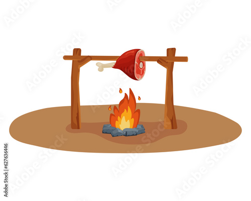 Ham roasted on an outdoor fireplace. Vector cartoon illustration. Stone age
