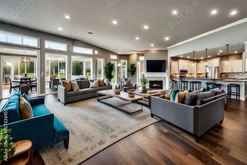 Stunning living room interior panorama showing entry, dining room, and kitchen of home with open concept floor plan