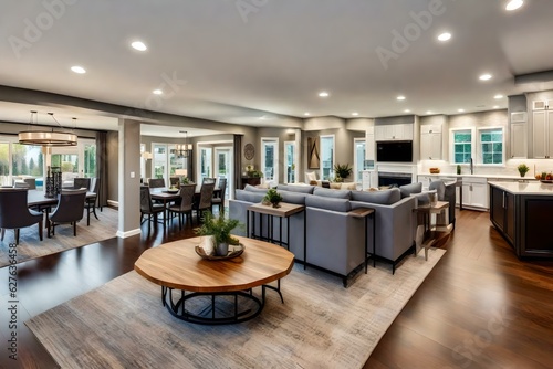 Stunning living room interior panorama showing entry  dining room  and kitchen of home with open concept floor plan
