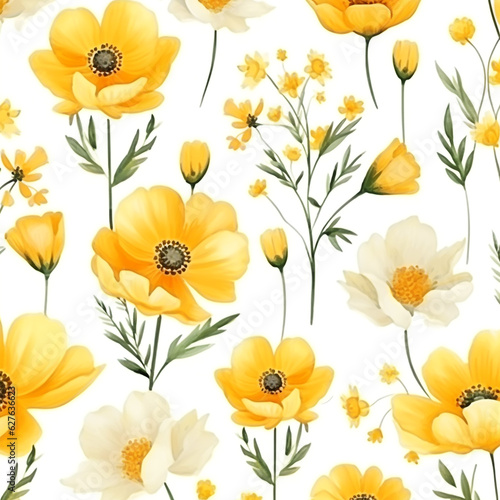 Wallpaper Mural Yellow watercolor flowers. Seamless pattern background Torontodigital.ca
